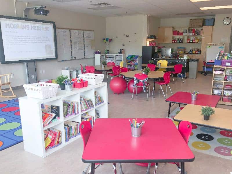 Classroom design featuring our classroom library where students select books for their book boxes.