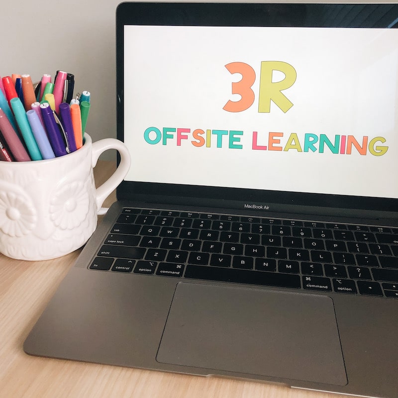 Laptop showing cover page in Google Slides presentation for online learning titled "3R offsite learning"