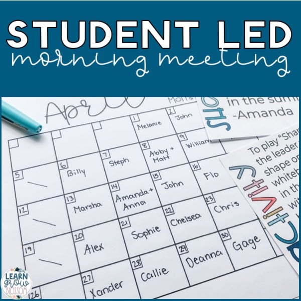 Photo of calendar for students to sign to lead morning meetings and text that reads "Student Led Morning Meeting"