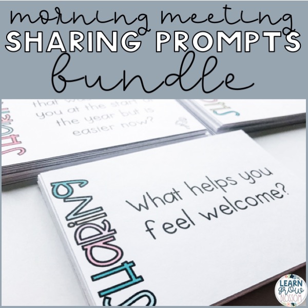 Photo of morning meeting sharing prompt cards and text that reads "Morning Meeting sharing prompts bundle"