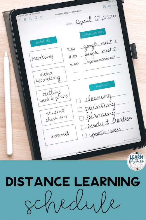 Pinterest pin with photo of iPad Pro and iPad pencil with teacher's distance learning schedule and text "distance learning schedule"