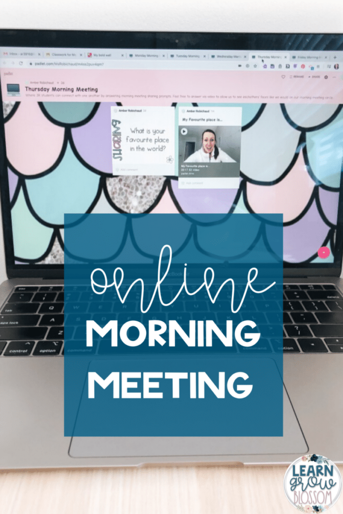 Laptop with morning meeting padlet open that has a mermaid background with text that reads "online morning meeting"