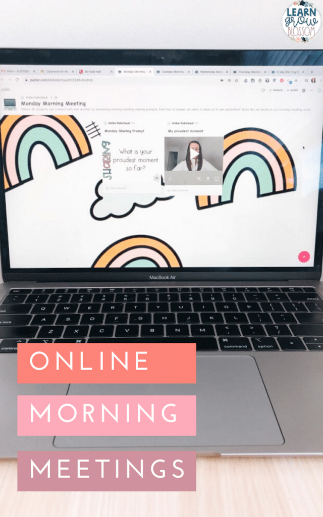 Laptop with morning meeting padlet with rainbow background with text that reads "online morning meeting"