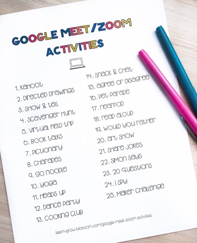 Flat lay image of list of 25 google meet/zoom activities and two flair pens