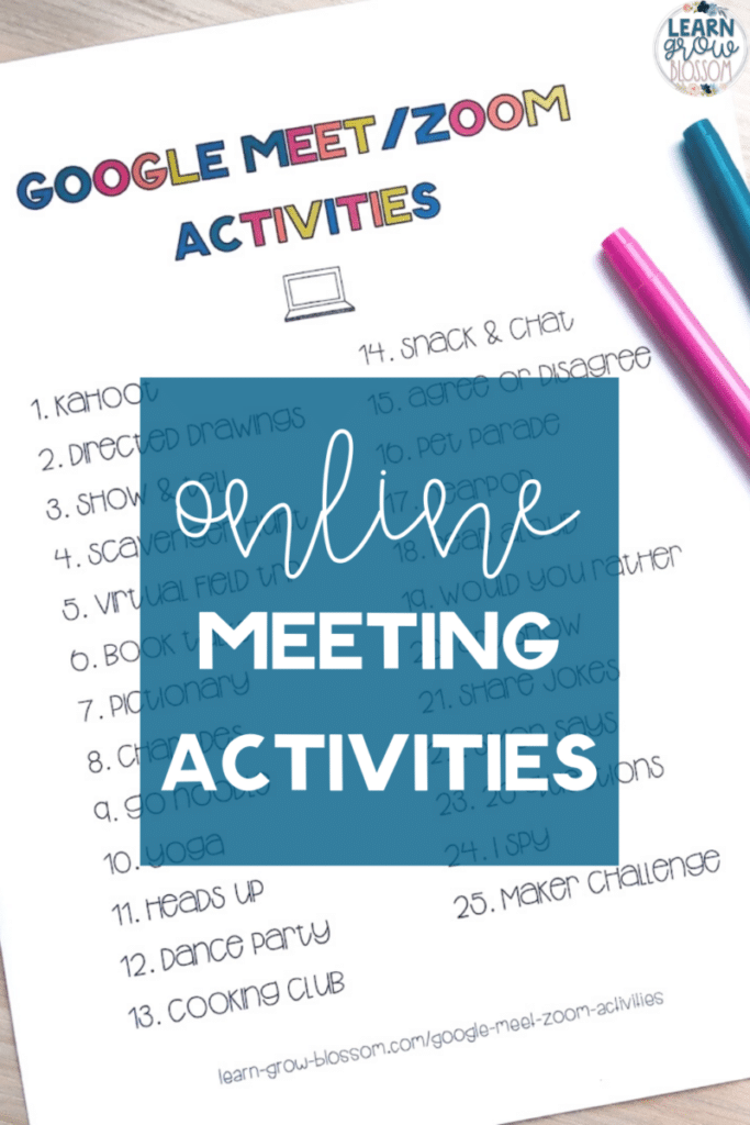 Pin with list of zoom activities in the background and text that reads "online meeting activities"