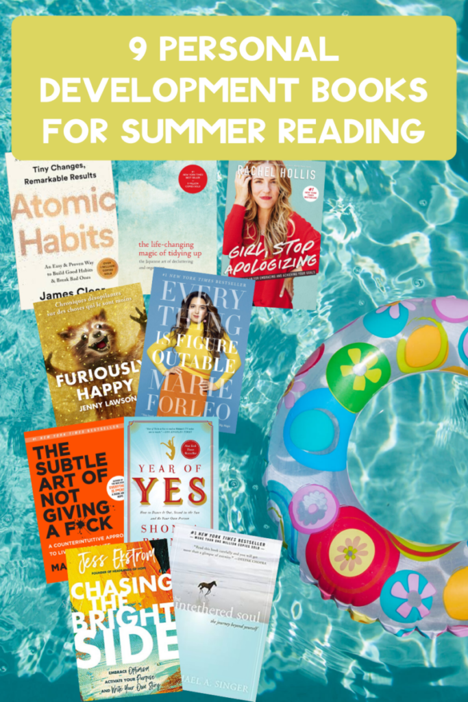 Pin with title: "9 Personal Development Books for Summer Reading" on image of pool floaty with 9 book covers