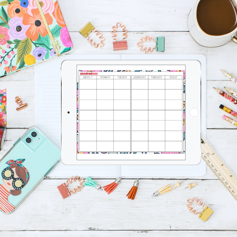 Flatlay with coffee, digital teacher planner on ipad, paper planner, iphone, ruler, pencils