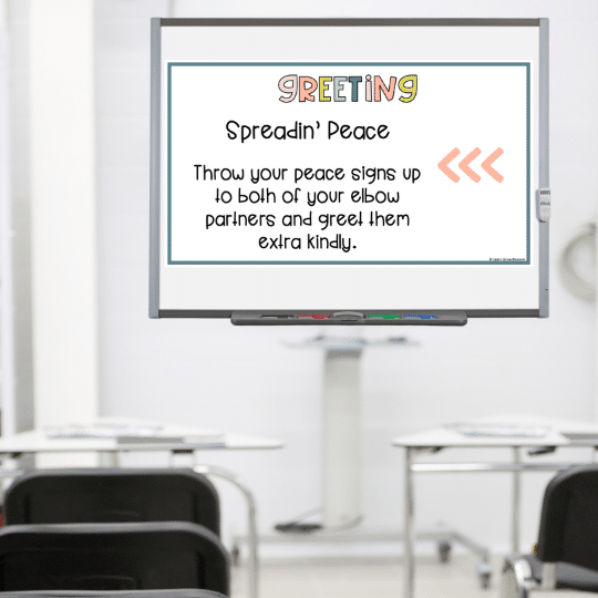 Smart board showing a greeting prompt from morning meeting slides bundle