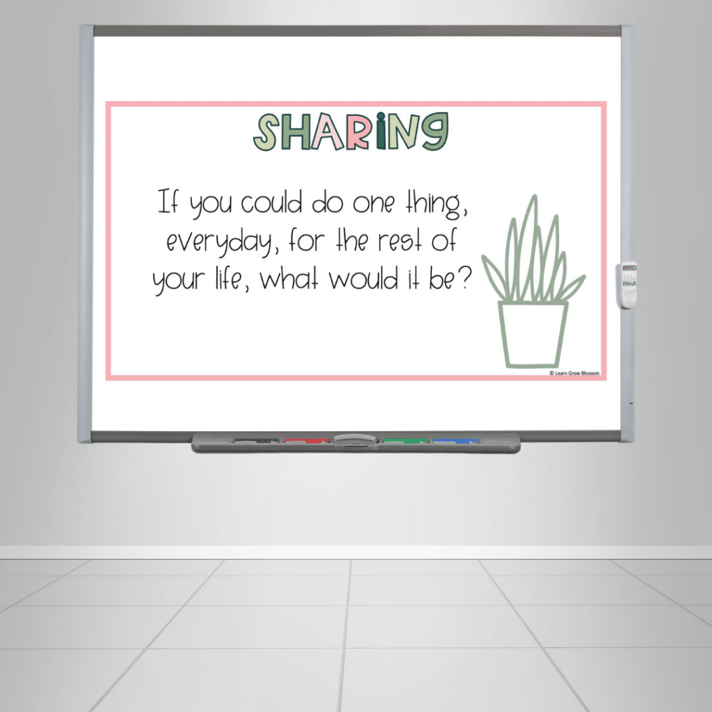 Smartboard display of sharing prompt from morning meeting slides