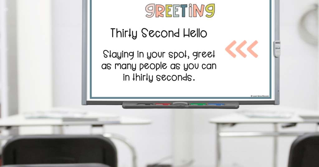 Smart board showing a greeting option for social distance morning meetings freebie