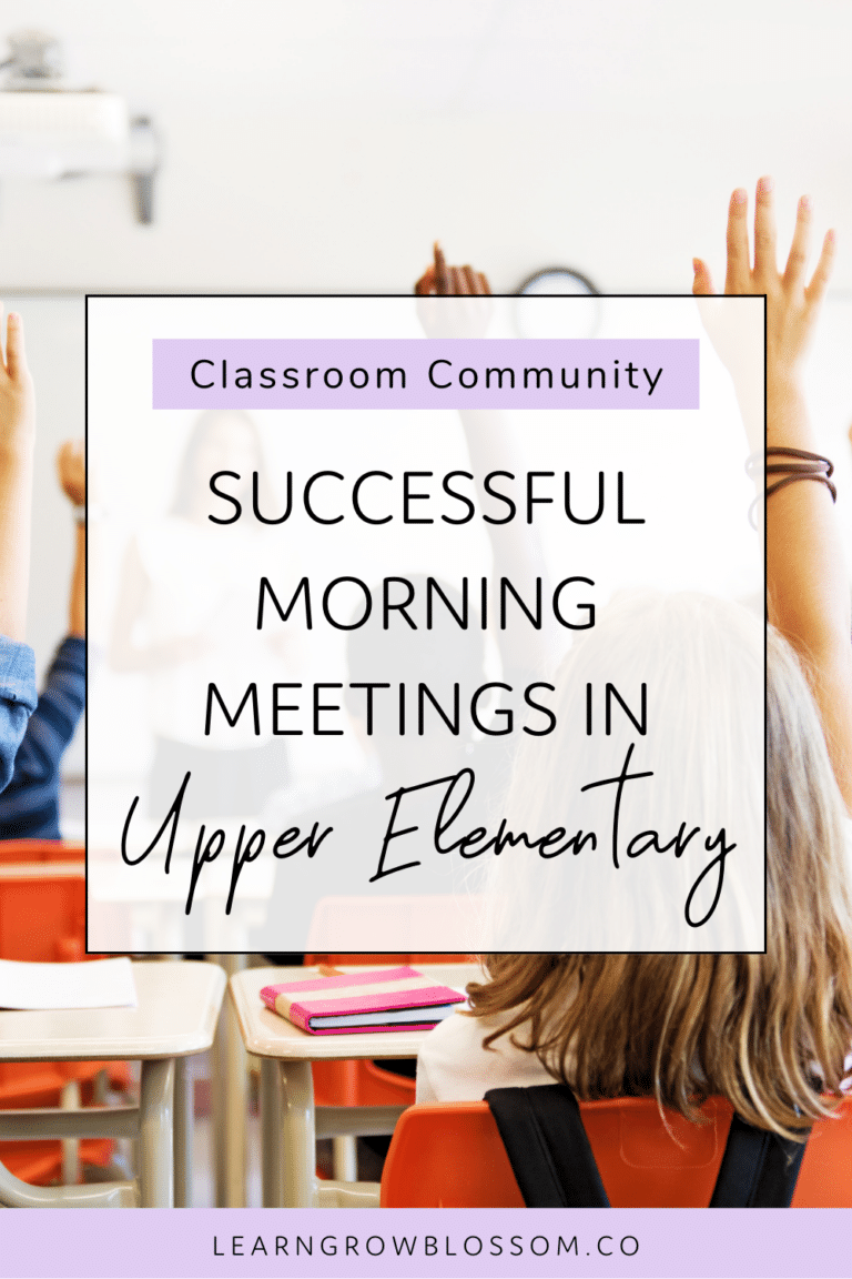 Pin image with title Successful Morning Meetings in Upper Elementary with photo of classroom with students' hands raised