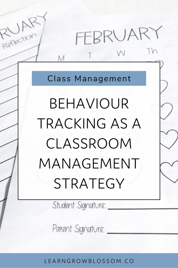 Pin image with title Behavior Tracking Sheets As a Classroom Management Strategy with behavior tracking sheets in the background