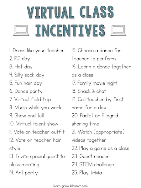 List for teachers of 25 whole class virtual incentives