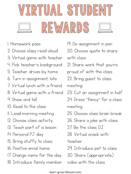 List for teachers to use during distance learning of 30 ideas for virtual rewards for students