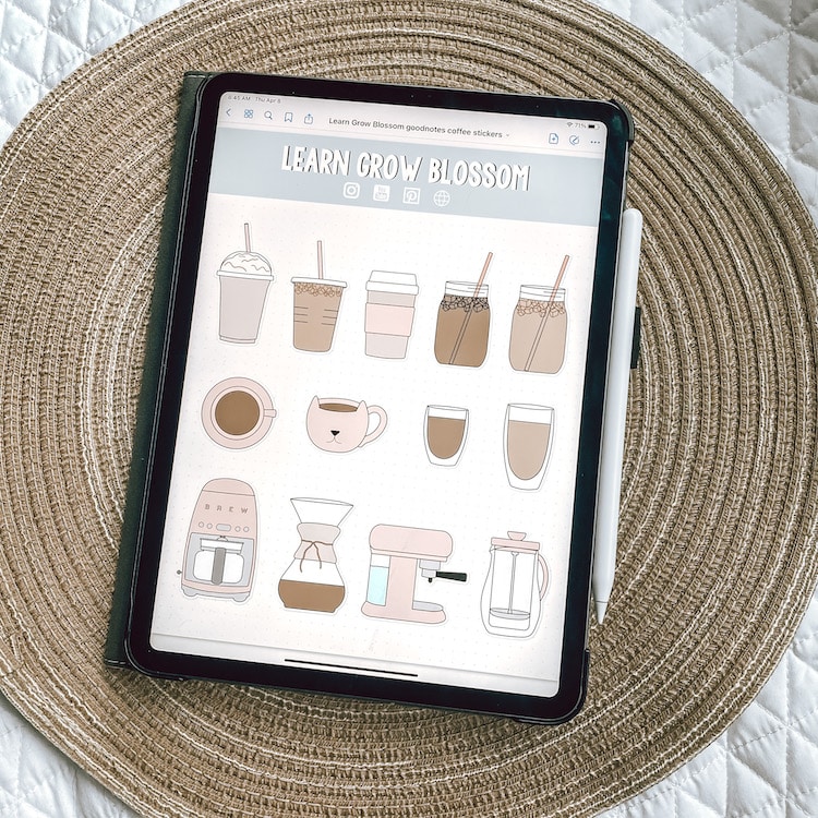 photo of ipad showing learn grow blossom coffee digital sticker sheet for digital planning in goodnotes. Digital stickers come in png format so they can be used at cute instagram stickers