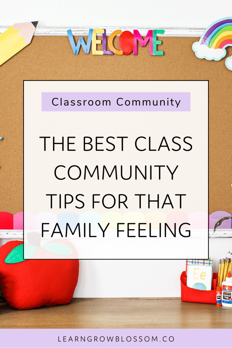 Pin image with title The Best Classroom Community Tips for that Family Feeling with welcome bulletin board in the background