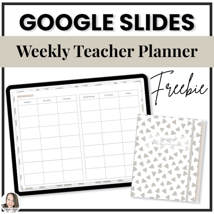 Thumbnail of free digital teacher planner showing a weekly spread on a iPad and the cover of the digital planner with hand drawn triangular boho confetti