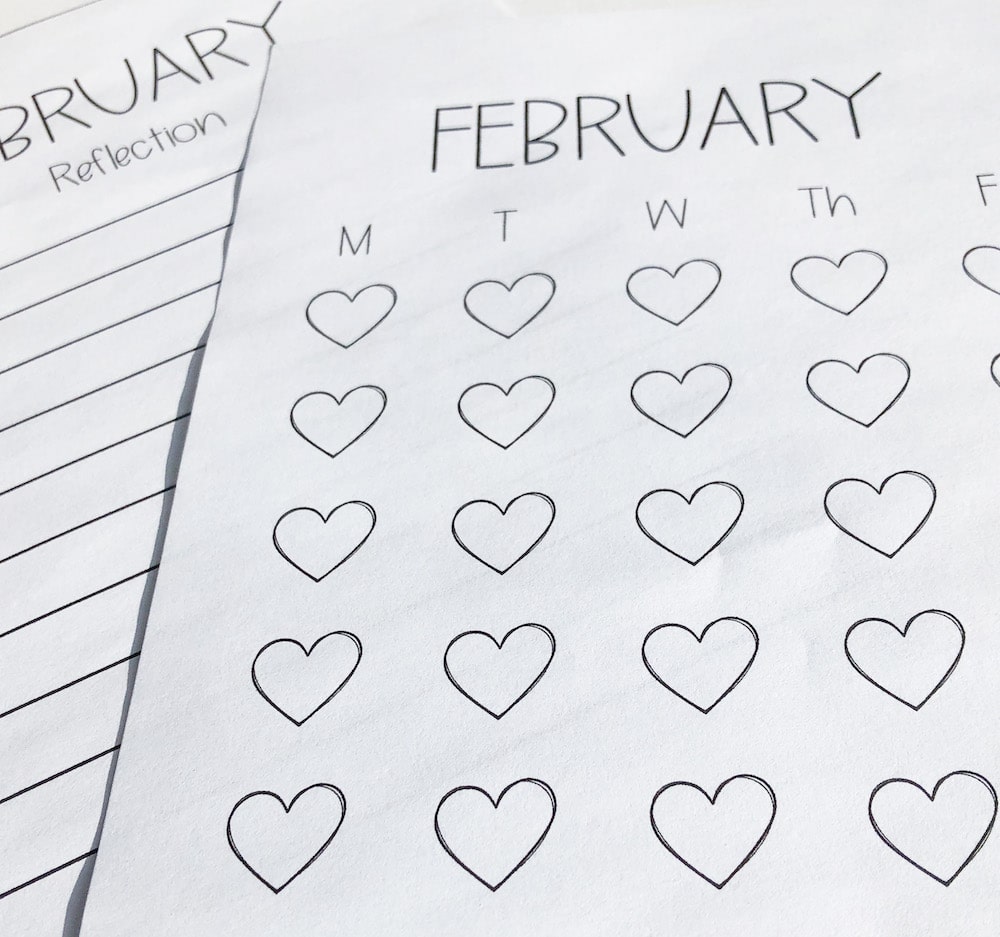 Close up of behaviour chart for February where students colour in a heart for each day depending on their choices that day. I use this instead of a clip chart.