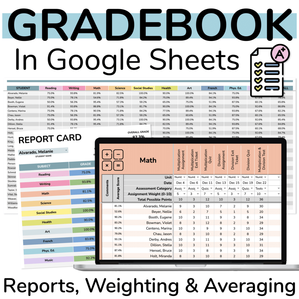 Product thumbnail for Teacher gradebook showing screenshots of the Google Sheets grading pages and student report card