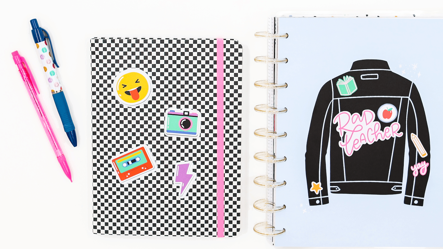 Flat lay image of retro teacher planner and pens