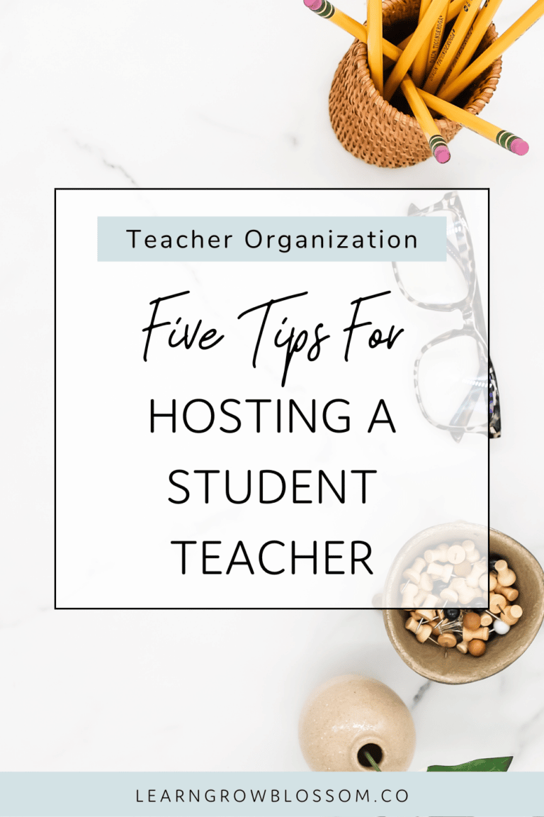 Pin image featuring flat lay of pencils, glasses and a plant with pin title that says "5 tips for hosting a student teacher"