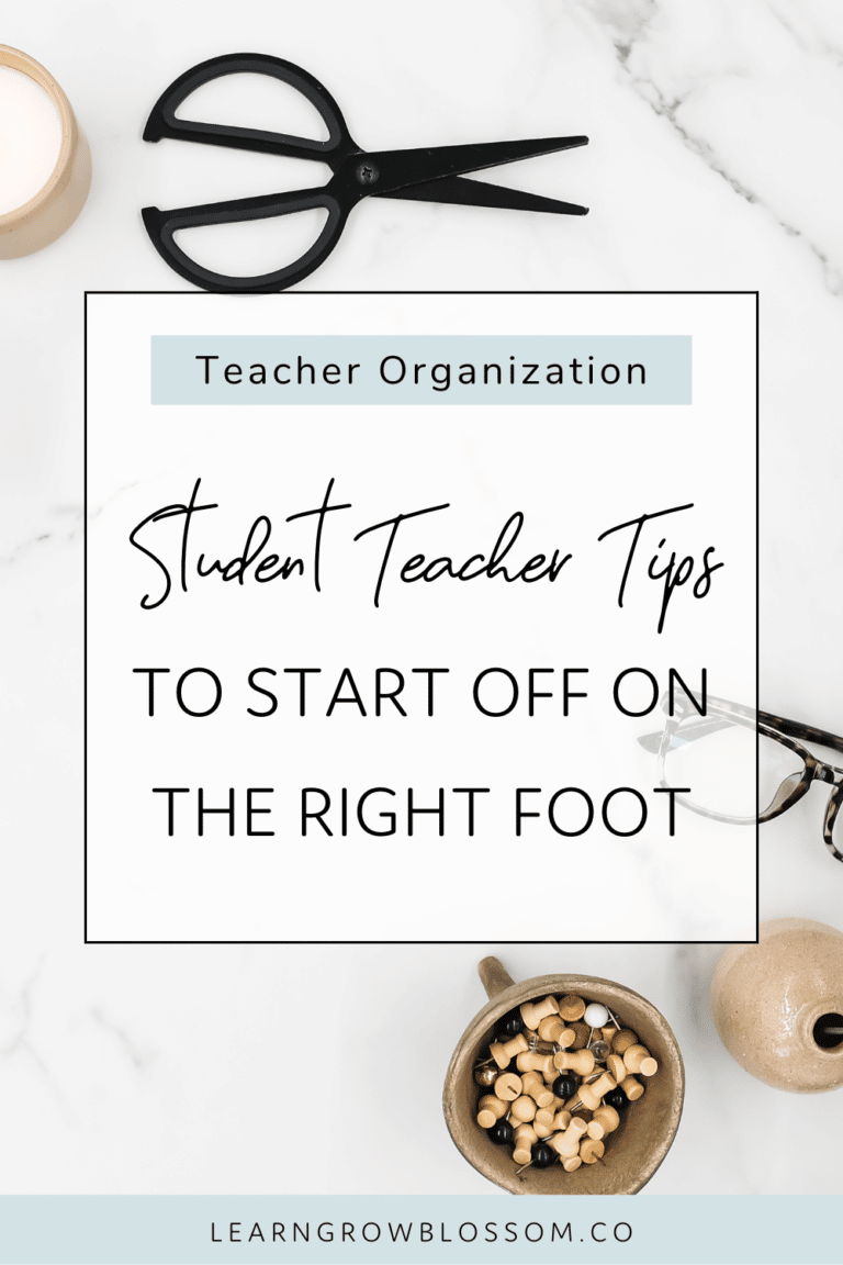 Pin image with title "student teaching tips to start off on the right foot" with background image of marble countertop with fancy scissors, glasses, and pencils