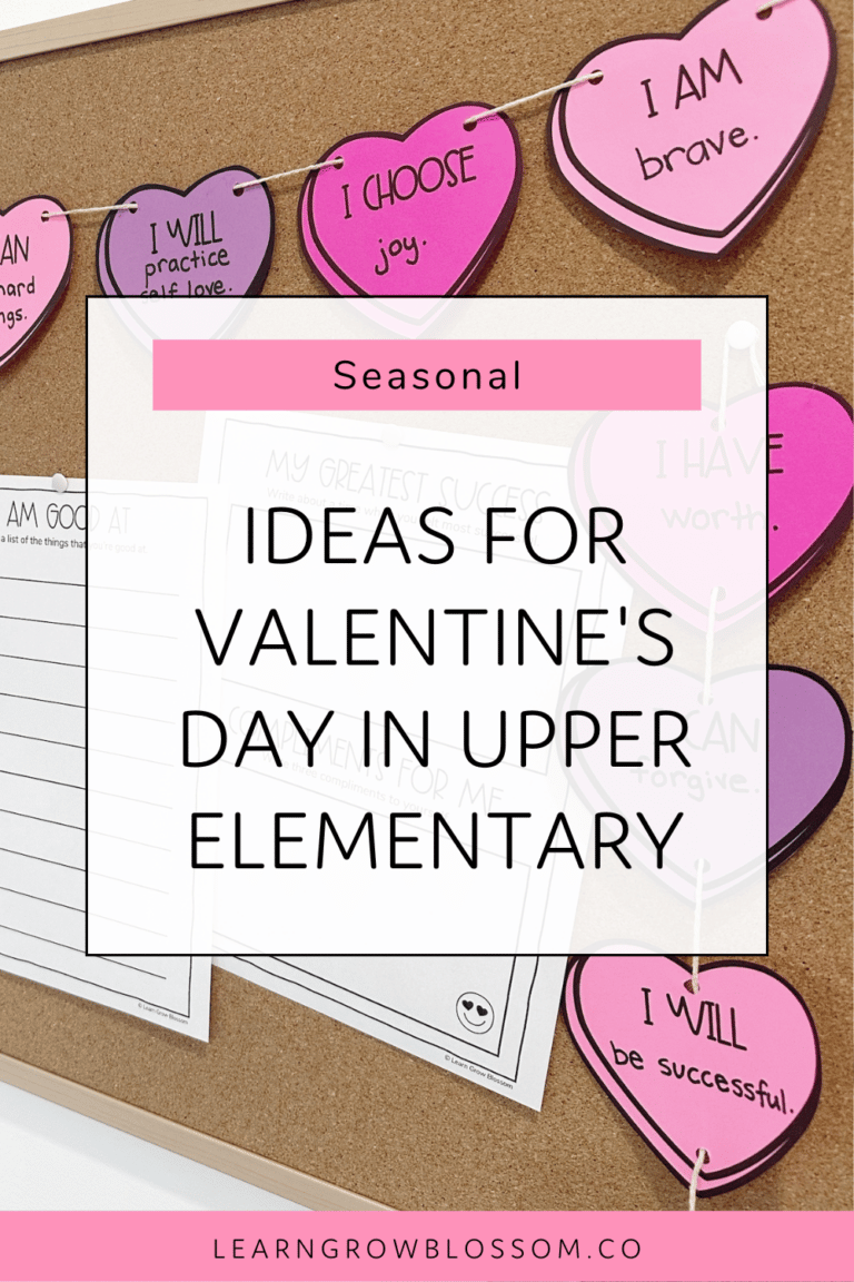 Pin image of affirmation craftivity and student self-esteem pages for upper elementary with title that reads "Valentine's Day Classroom Ideas"