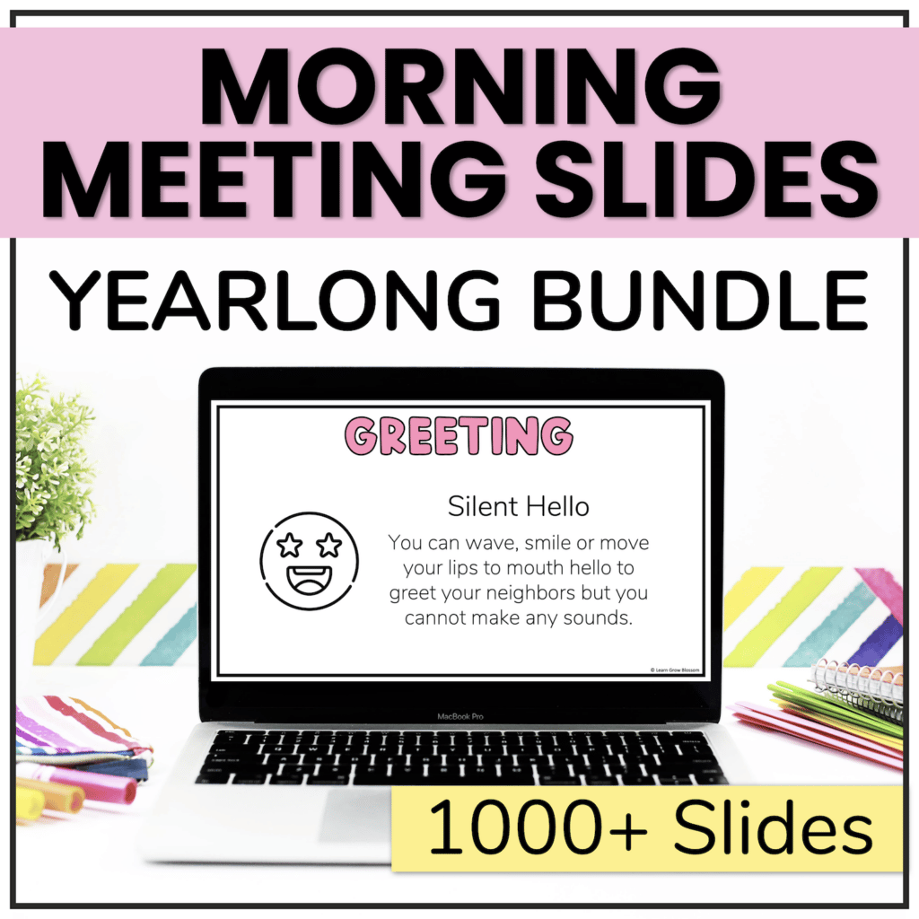 Cover photo of TpT product titled Morning Meeting Slides Yearlong Bundle featuring a laptop open to a greeting prompt