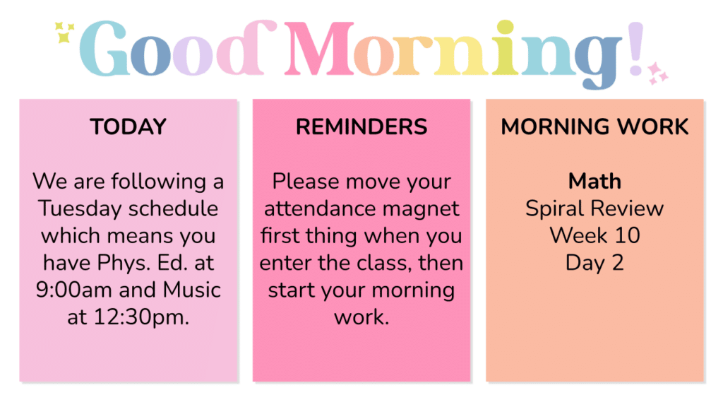 Good morning version of good morning slide that share the day's schedule, a reminder of expectations and morning work