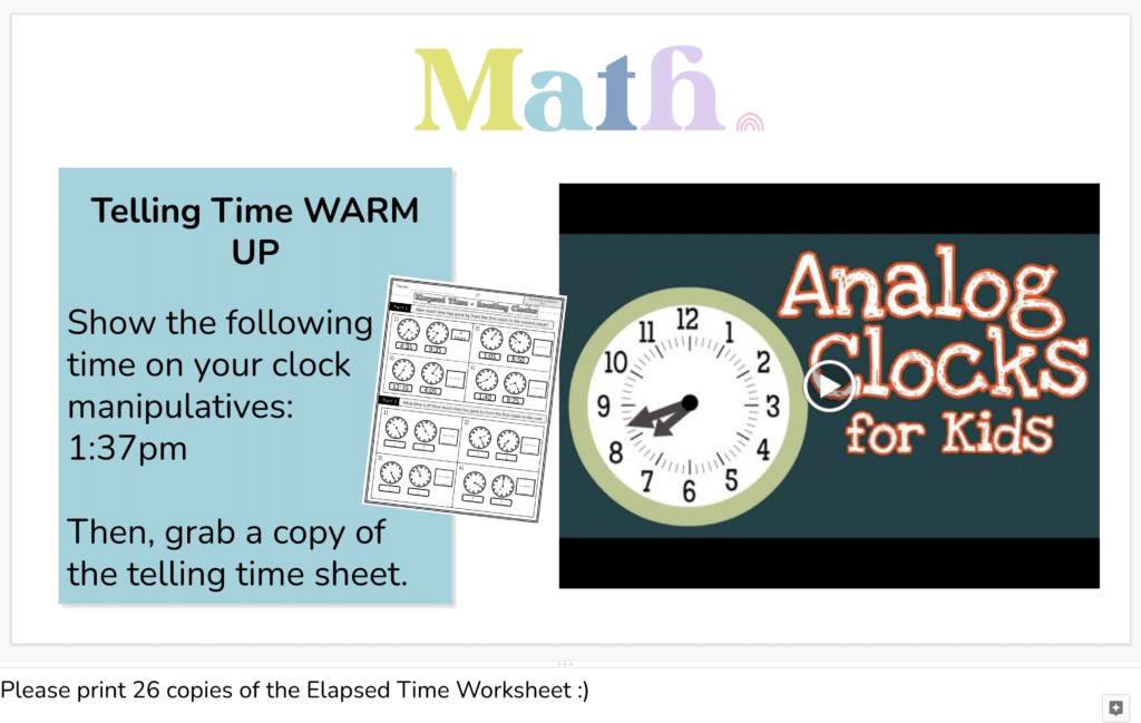 A screenshot of class slides template with a note in the speaker note section for the substitute to print copies of the worksheet as part of the sub plans