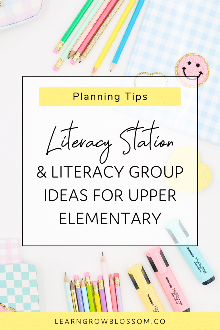 Pinterest image titled "Ideas for Literacy Stations & Literacy Groups for Upper Elementary" featuring a photo of colourful highlighters and pencils, a check pencil case with smiley patch