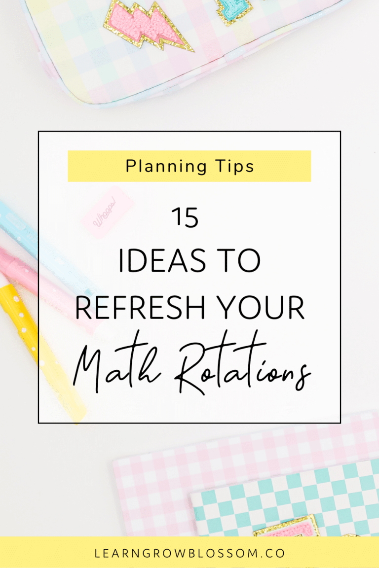 Pinterest Image titled "15 Ideas for rotations in Math overlayed on an image with colourful flair pens and a pencil case with preppy patch letters that says "math"