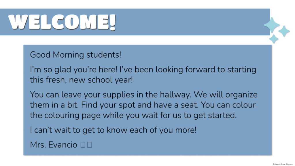 Welcome message to class on first day of school