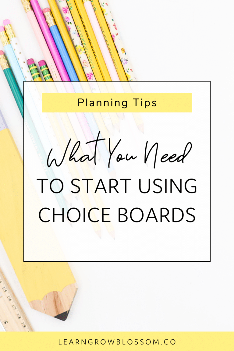 Pin graphic with title "What You Need to Start Using Choice Boards" over flat lay image of pastel pencils and wooden ruler