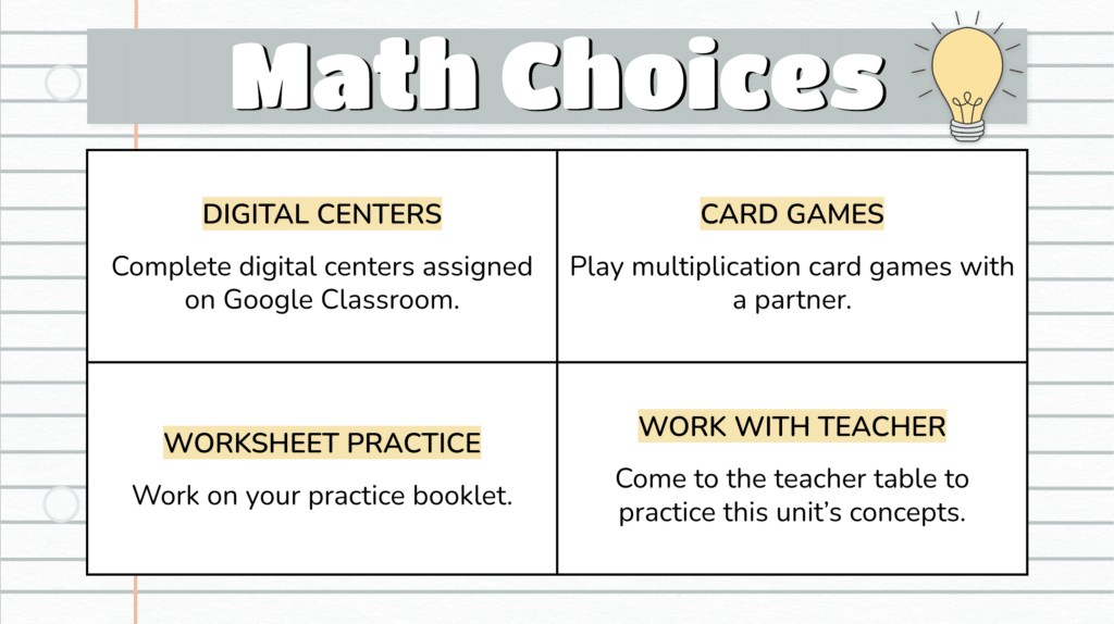 Screenshot of math choice board template example with the choices of: digital centers, card games, worksheet practice, and work with the teacher