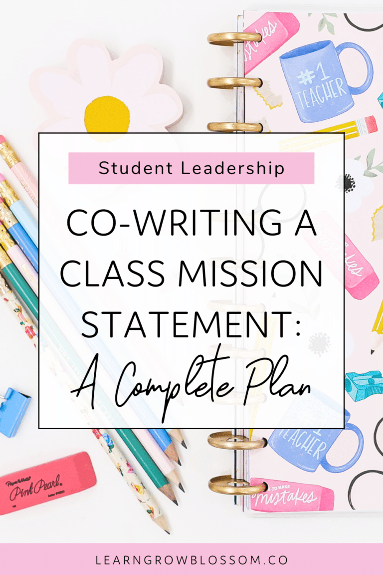 Pin graphic with title "Co-Writing a Class Mission Statement" with a flat lay photo of pink teacher planner, pencils, and a flower note pad