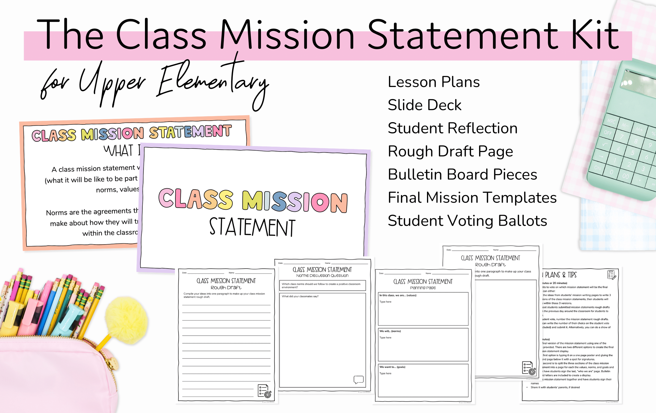 Title reads Class Mission Statement Kit and features screenshots of slide deck and student pages inside the kit