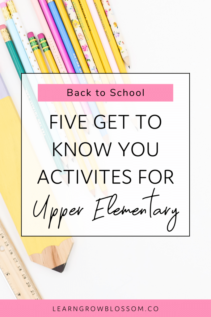 Pin graphic with title "five get to know you activities for elementary"