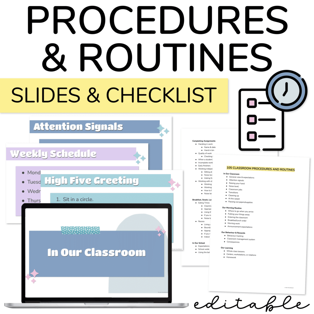 Product cover for procedures and routines slides and checklist resource for elementary teachers