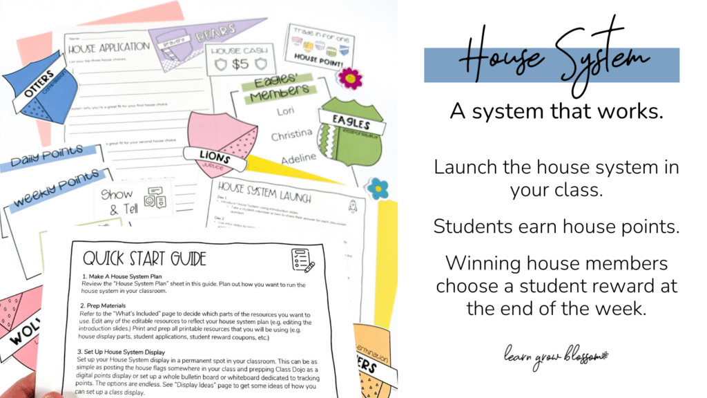 Teacher guide for running a house system as part of their classroom management plan. Shows house system bulletin board pieces, house members, hand drawn house crests, etc.