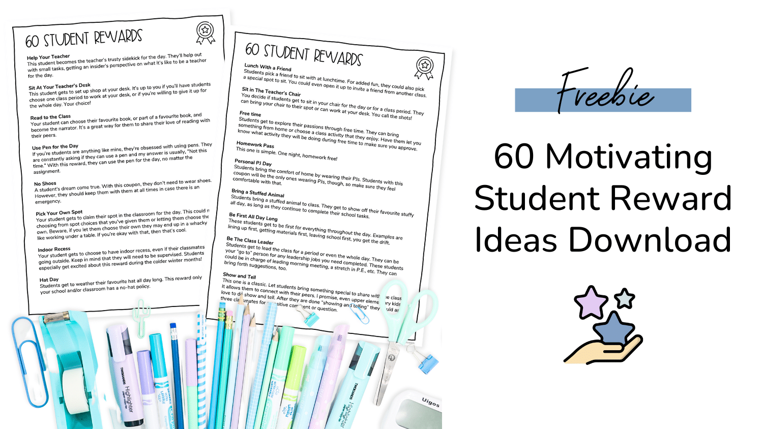 Screenshots of list freebie of 60 motivating ideas for classroom rewards for teachers