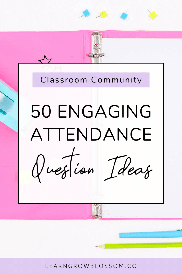 Pinterest pin with title "50 Engaging Attendance Questions" over a flatlay photo of a hot pink student binder, a blue pen and green pencil