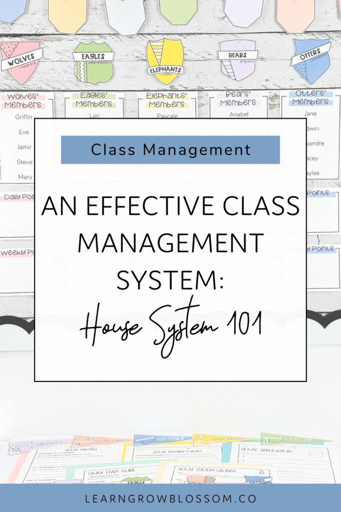 Pinterest pin with title "An Effective Classroom Management System House System 101" over a photograph of a house system bulletin board where the teacher records house points and also featuring the house crests