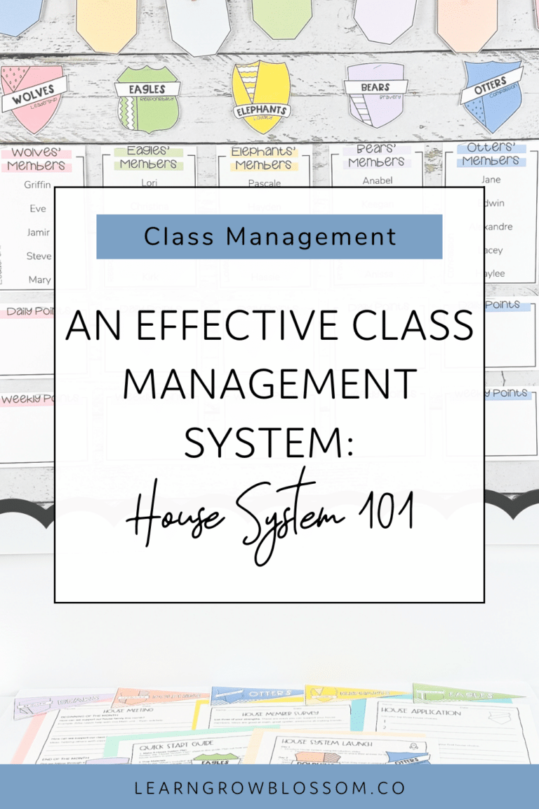 Pinterest pin with title "An Effective Classroom Management System House System 101" over a photograph of a house system bulletin board where the teacher records house points and also featuring the house crests
