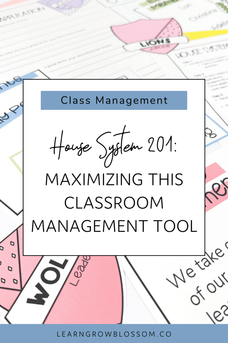 Pinterest pin with title "House System 201: Maximizing This Classroom Management Tool" over a flatlay photo of the house system with hand drawn house crests, student house application, house system launch guide for teachers, and student reward coupons