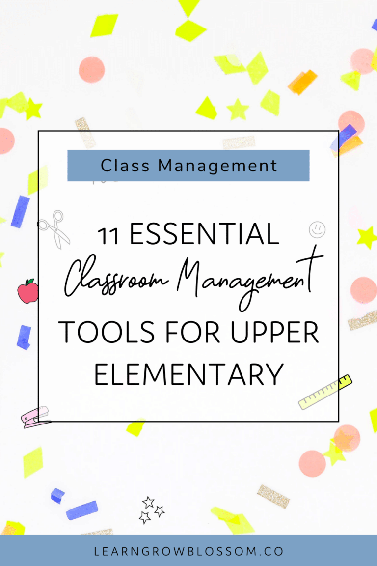 Pin title "11 Essential Classroom Management Tools for Upper Elementary" over photo flat lay of confetti and school supplies like a sharpener, erasers, staplers