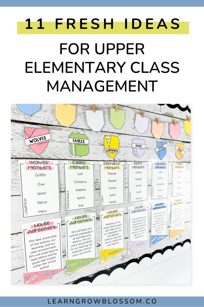 Pinterest pin with title "11 Fresh Ideas for Upper Elementary Classroom Management Tools" with photo of house system bulletin board display