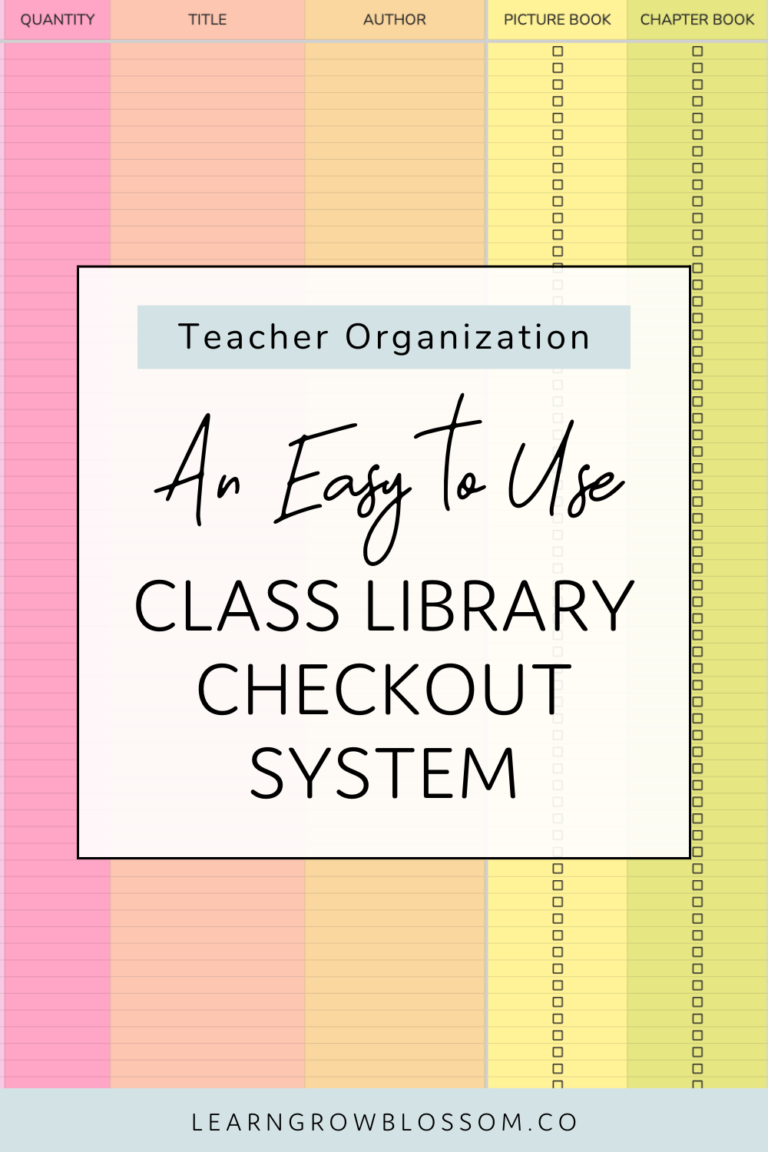 Pin title "An Easy to Use Classroom Library Checkout System" over a screenshot of rainbow class library spreadsheet