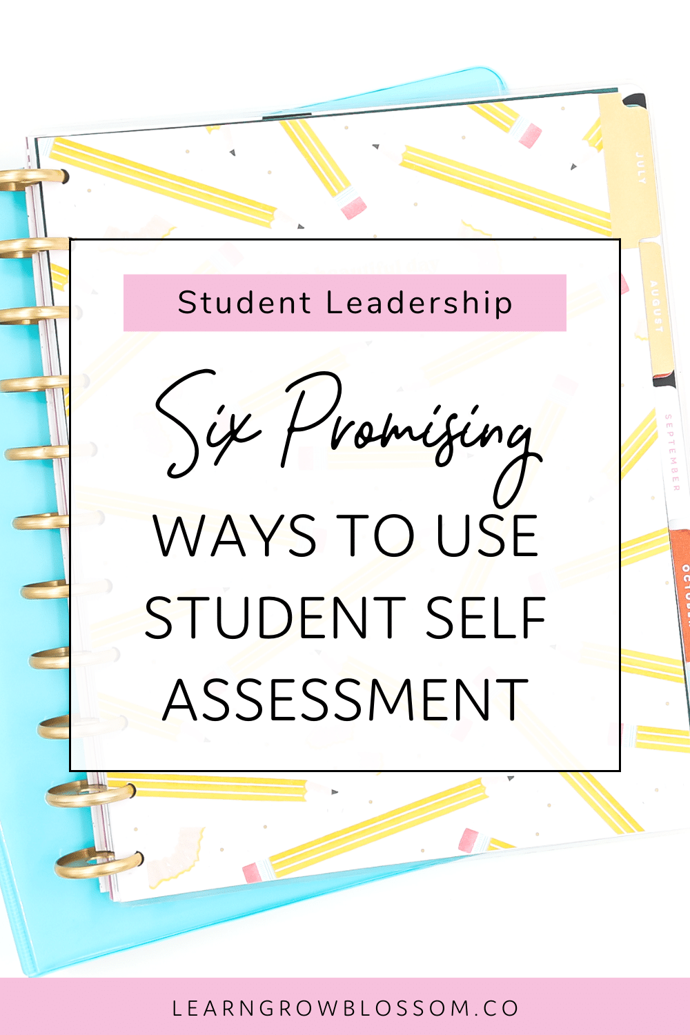 Pin titled reads, " Six Promising Ways to Use Student Self Assessment" overlayed on a photo of a teacher planner covered in pencil doodles