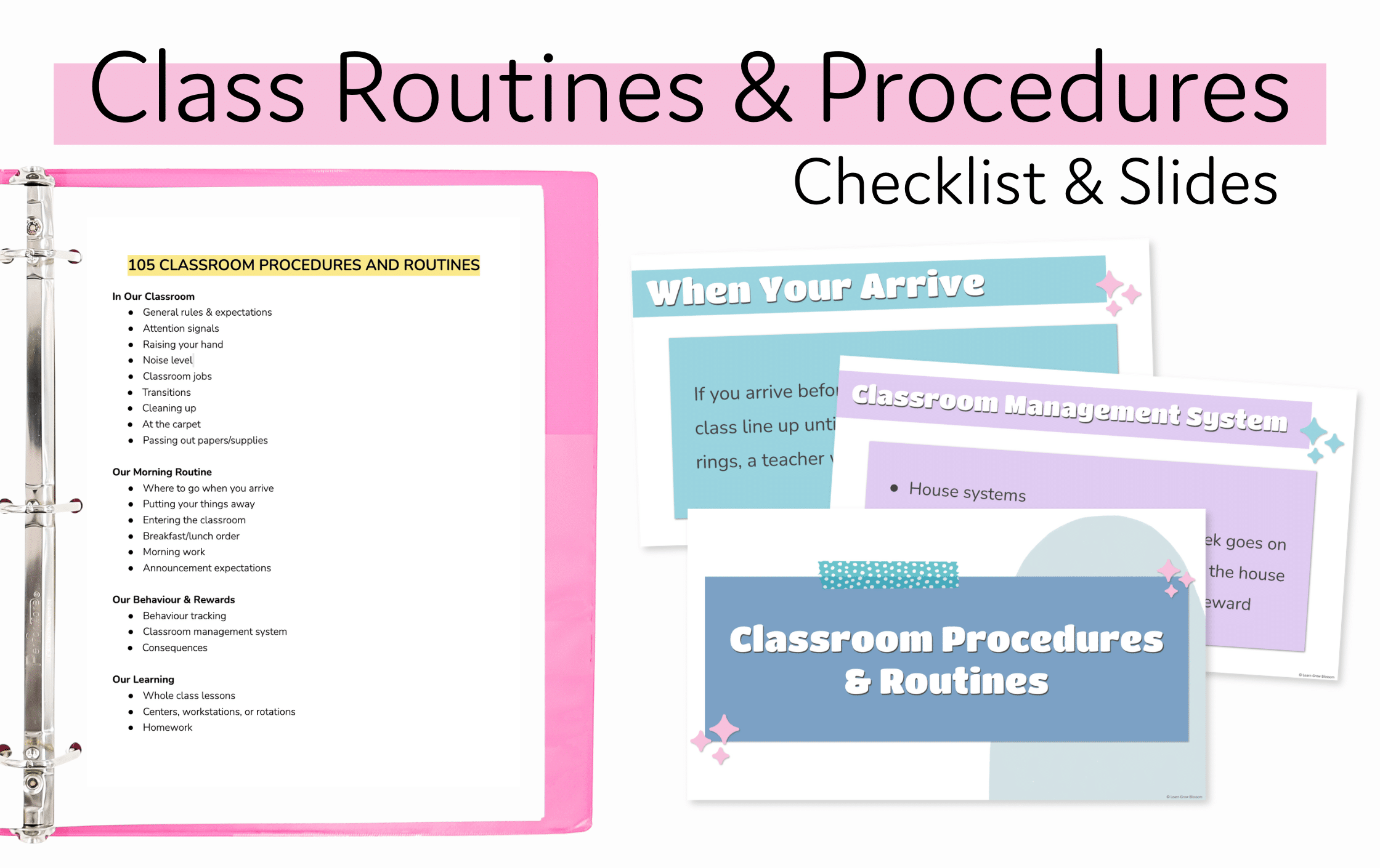 Create Class Routines & procedures slides as part of your back to school prep for teachers. Screenshot of classroom routines checklist and class routines and procedures slides